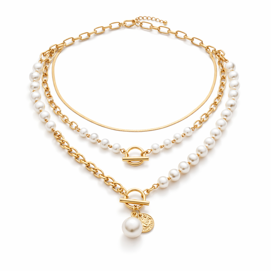 Set de Collar de Cadena Serpiente con Perla Estilo Retro | Oro